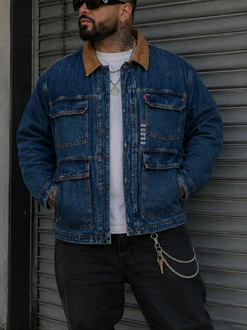 Levi's Blue Denim Field Jacket with Brown Collar size XXL